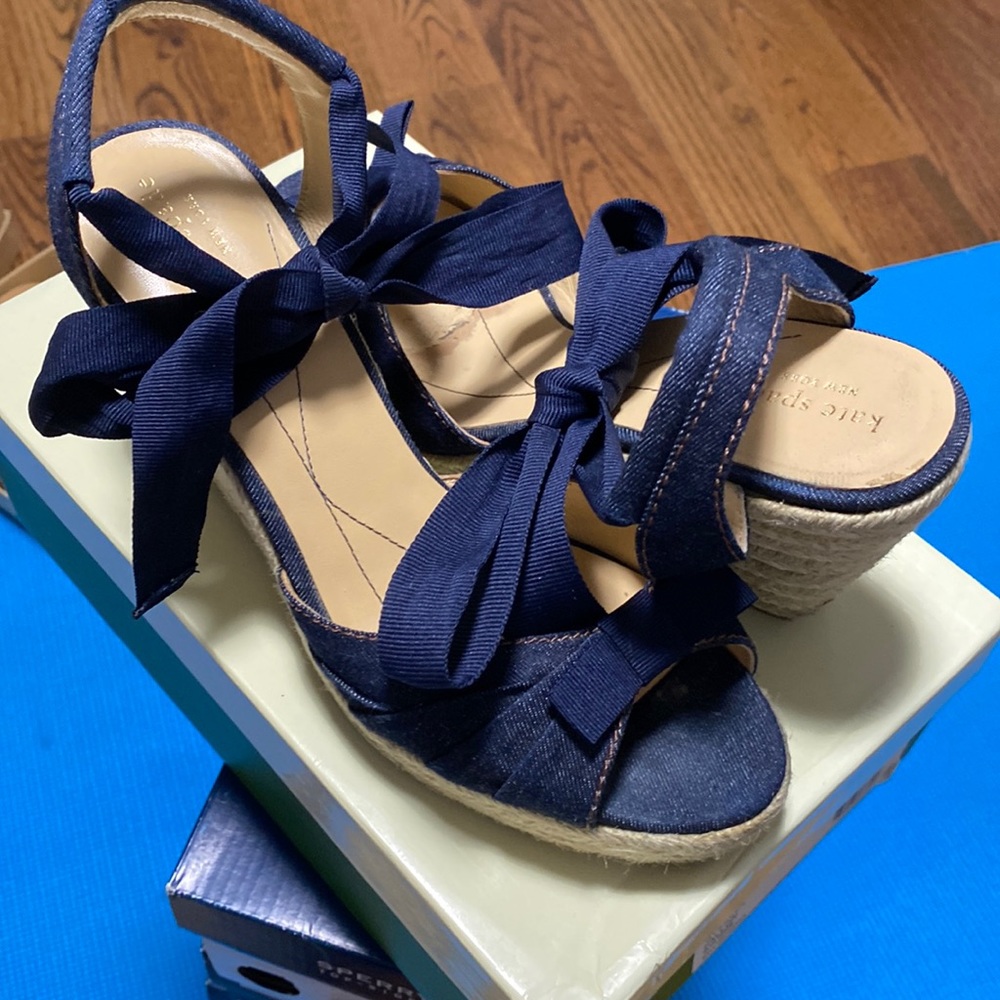 Kate Spade Blue Denim grosgrain tie wedge espadrilles